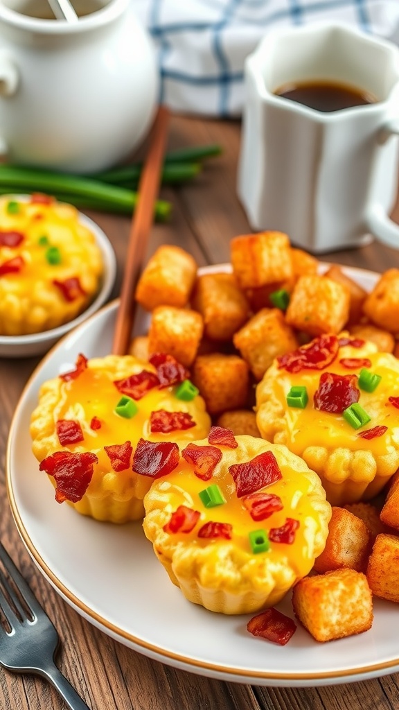 Savory bacon and egg muffins with cheese and crispy tater tots on a plate, garnished with green onions.